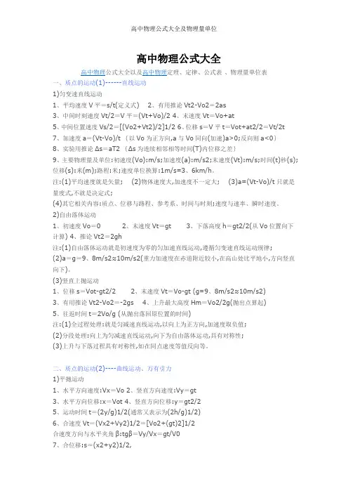 高中物理公式大全及物理量单位