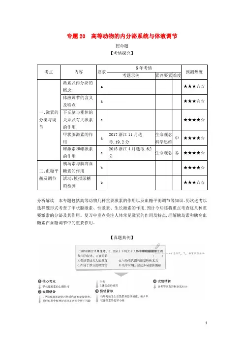 (5年高考3年模拟A版)浙江省2020年高考生物总复习专题20高等动物的内分泌系统与体液调节教师用书