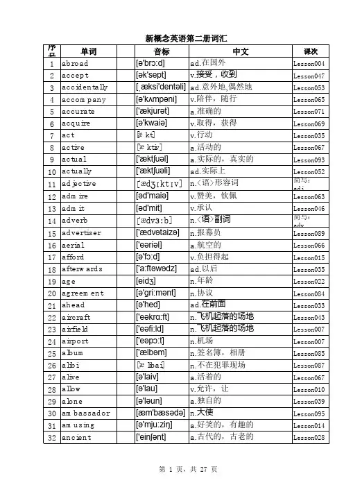 新概念英语第二册单词表(按字母顺序)直接打印版