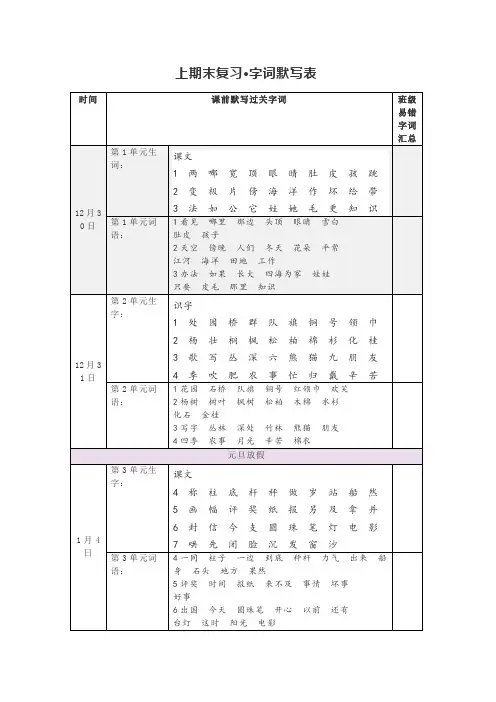 二上《字词默写计划表》