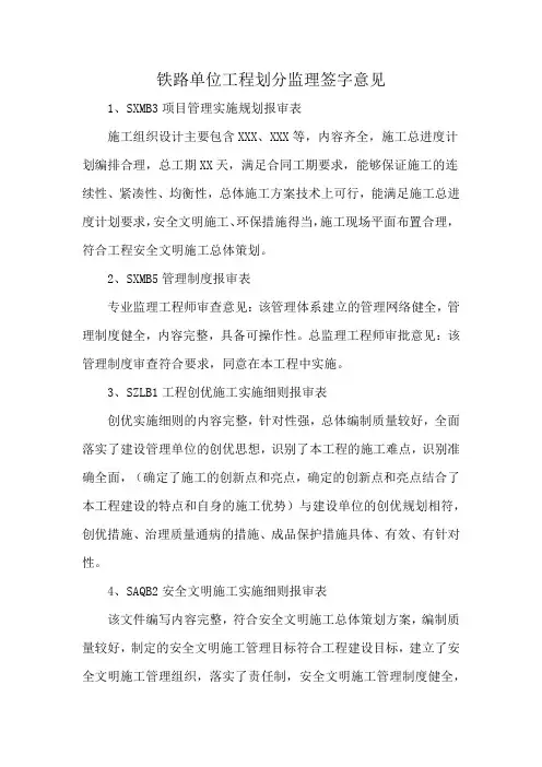 铁路单位工程划分监理签字意见