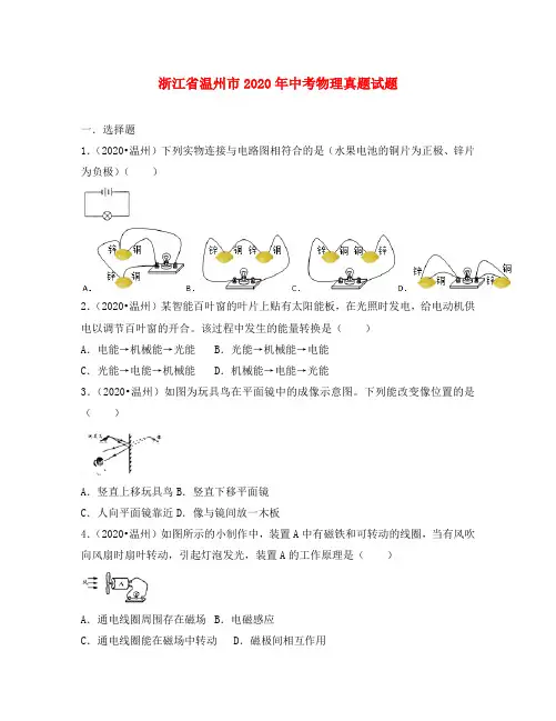 浙江省温州市2020年中考物理真题试题(含解析)