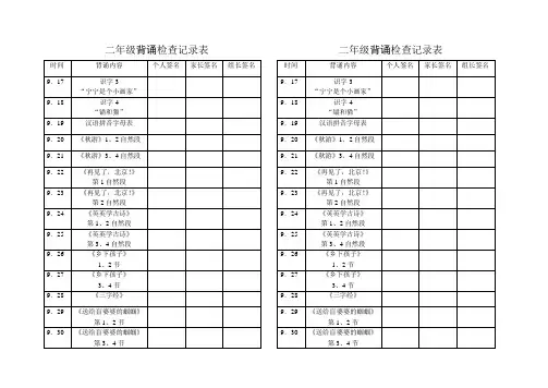 二年级背诵、朗读检查记录表(9.16-9.29)