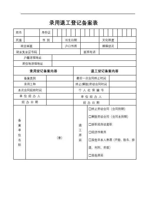 录用退工登记备案表【模板】