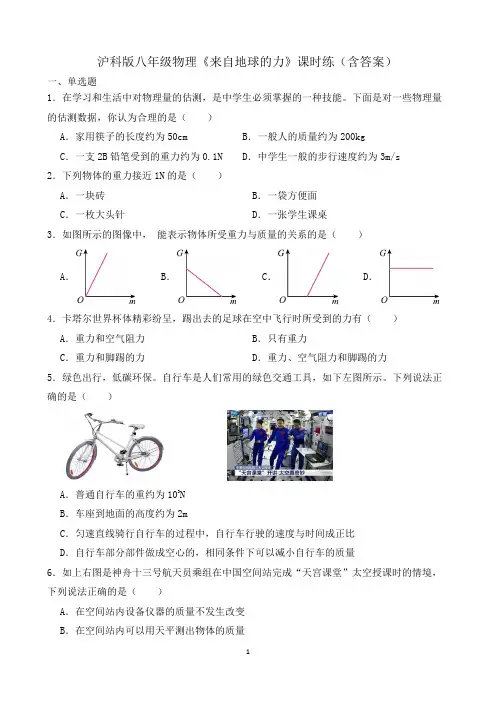 沪科版八年级物理《来自地球的力》课时练(含答案)