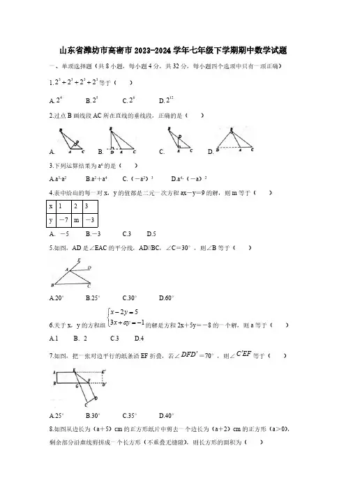 山东省潍坊市高密市2023-2024学年七年级下学期期中考试数学试题(含答案)