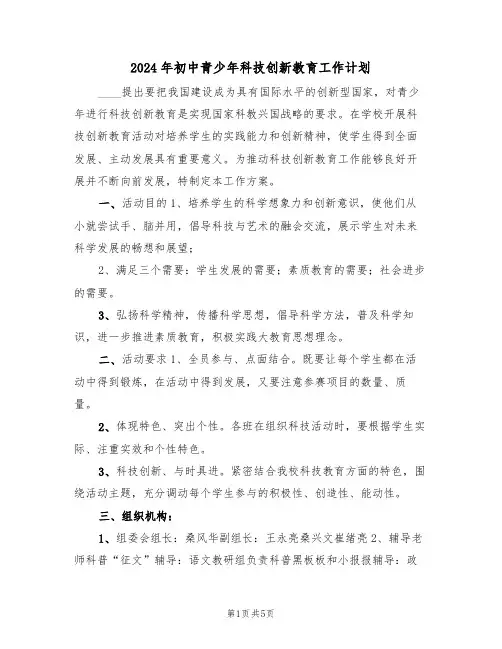 2024年初中青少年科技创新教育工作计划(二篇)