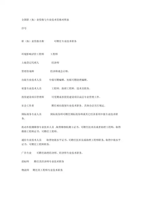 全国职业和专业技术职称对照表