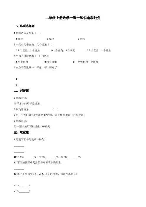 2022二年级上册数学模拟练习题 4.3锐角和钝角 冀教版（含解析）