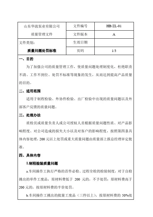 质量问题处罚标准