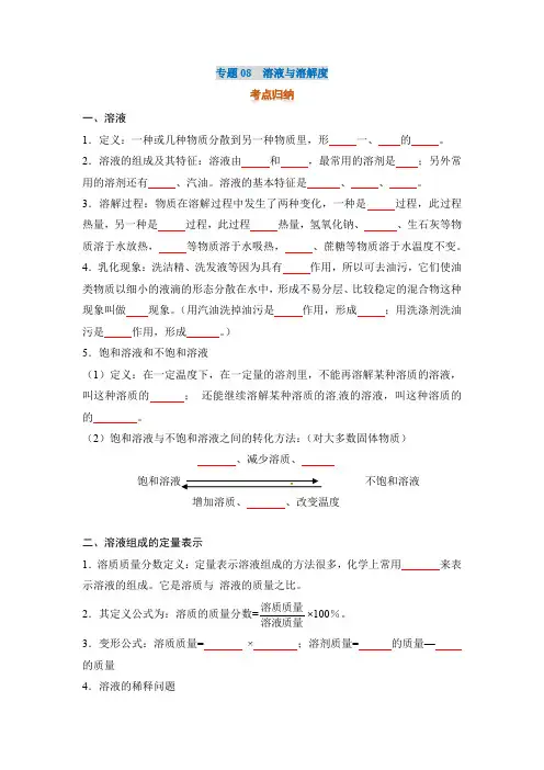 2022年中考化学总复习专题08溶液与溶解度-