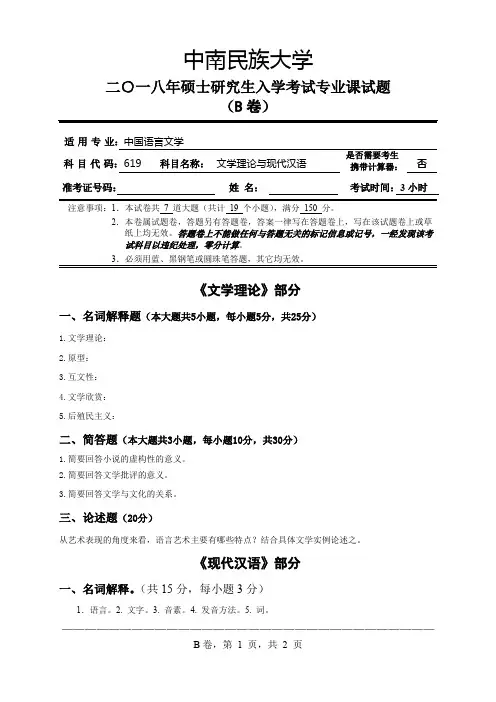 中南民族大学2018年_619+文学理论与现代汉语_B卷试题