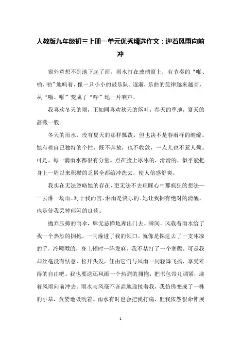 人教版九年级初三上册一单元优秀精选作文：迎着风雨向前冲