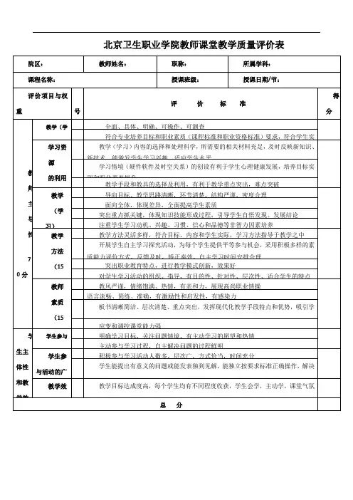 《教师课堂教学质量评价表》