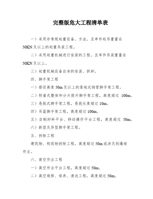 完整版危大工程清单表