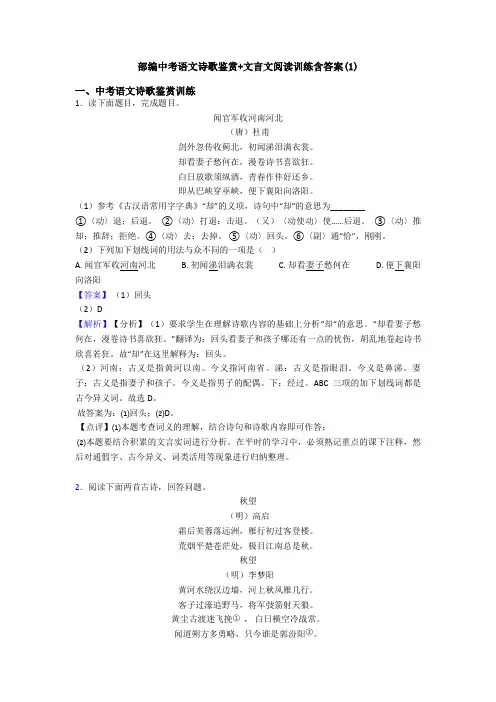 部编中考语文诗歌鉴赏+文言文阅读训练含答案(3)