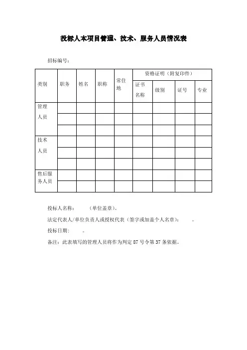 投标人本项目管理、技术、服务人员情况表(工程项目投标 标书制作材料)