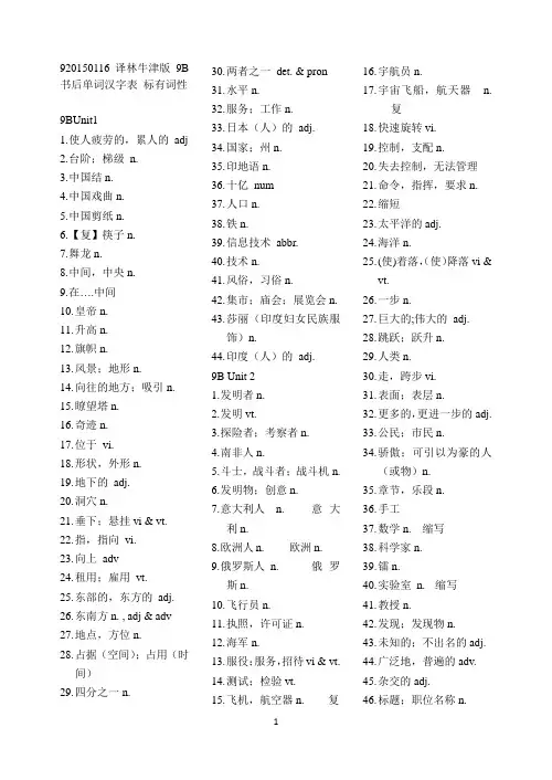 译林牛津版9B书后单词汉字表 标有词性 20150116