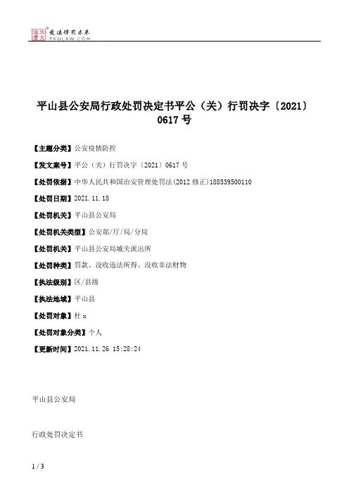 平山县公安局行政处罚决定书平公（关）行罚决字〔2021〕0617号