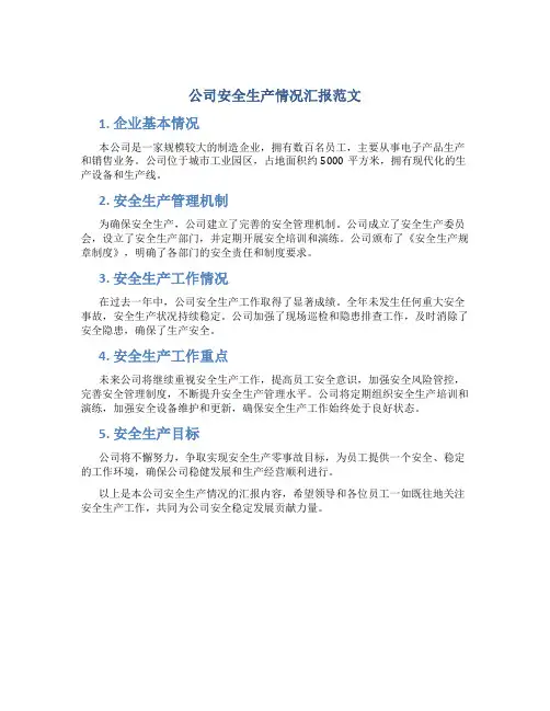 公司安全生产情况汇报范文