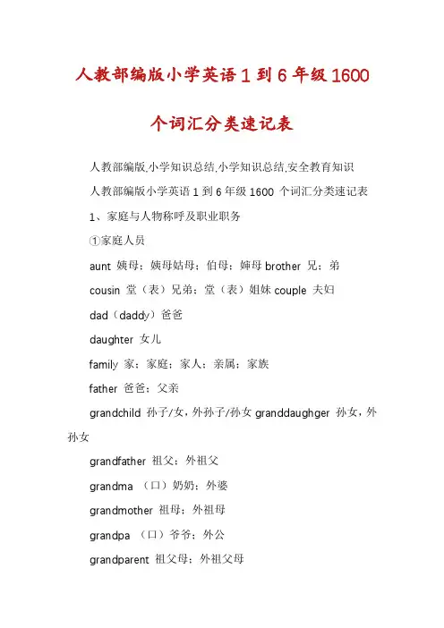 人教部编版小学英语1到6年级1600个词汇分类速记表