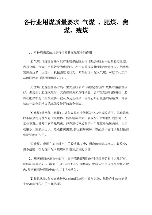 各行业用煤质量要求气煤、肥煤、焦煤、瘦煤