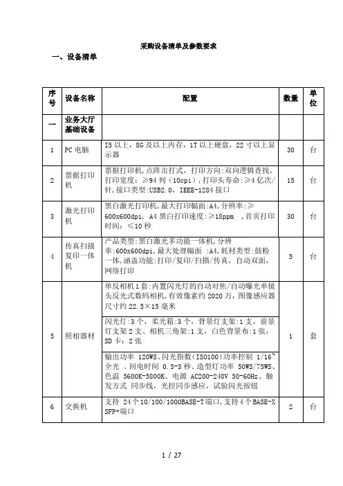 采购设备清单及参数要求