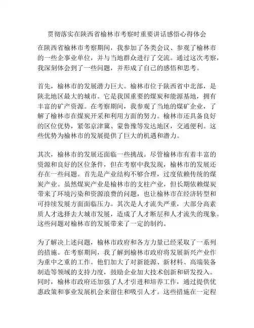 贯彻落实在陕西省榆林市考察时重要讲话感悟心得体会