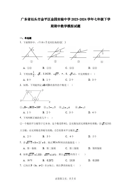 广东省汕头市金平区金园实验中学2023-2024学年七年级下学期期中数学模拟试题
