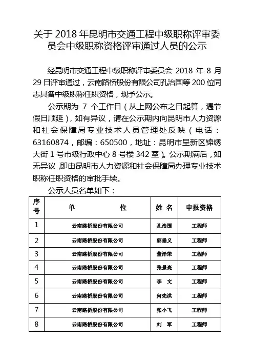 关于2018年昆明市交通工程中级职称评审委员会中级职称资格评审通过人员的公示