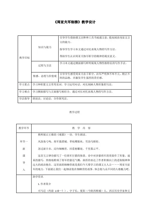 《周亚夫军细柳》教学设计(表格)