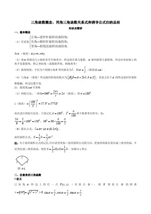 三角函数概念、同角三角函数关系式和诱导公式归纳总结
