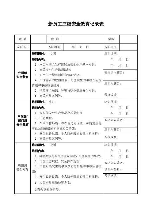 新员工三级安全教育记录表