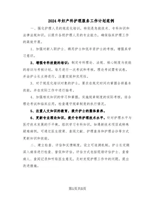 2024年妇产科护理服务工作计划范例(二篇)