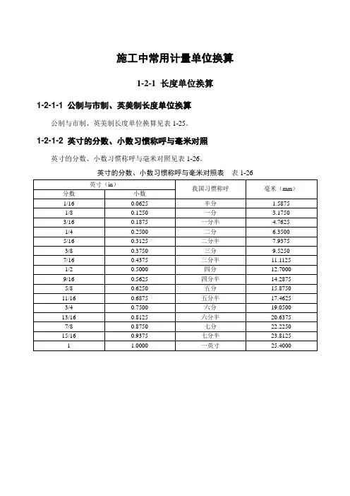 建筑施工常用计量单位换算