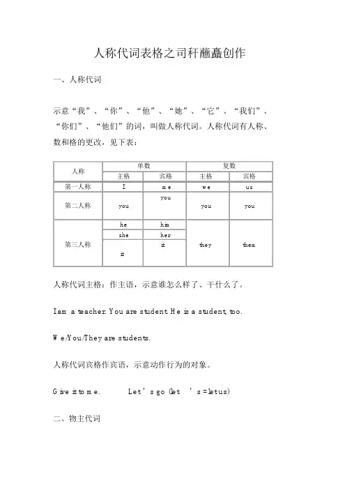 英语人称代词表格