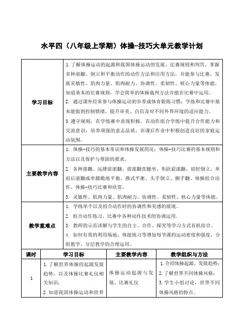 38水平四 八年级 体操单元18课时计划-《体操：技巧—肩肘倒立及创编》教案