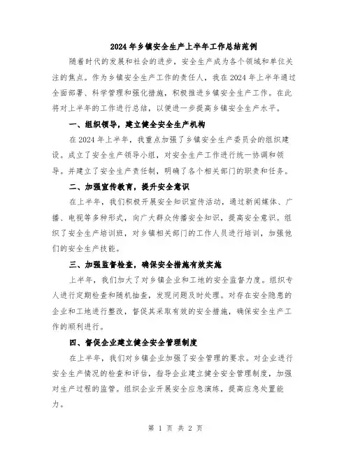 2024年乡镇安全生产上半年工作总结范例