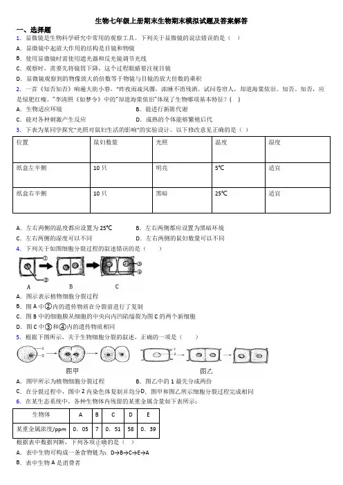 生物七年级上册期末生物期末模拟试题及答案解答