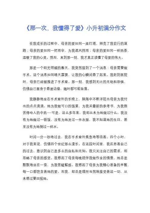 《那一次,我懂得了爱》小升初满分作文