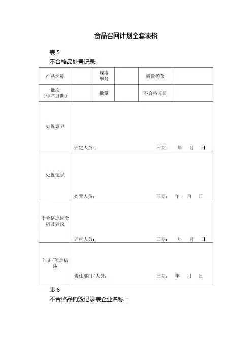 食品召回计划全套表格
