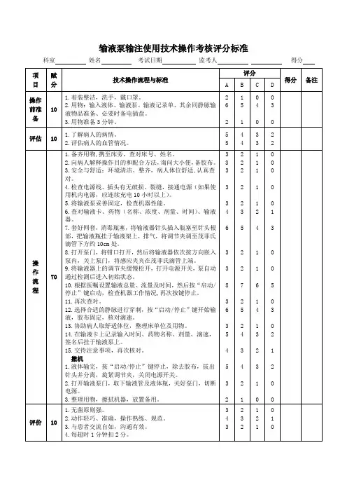 输液泵输注使用技术操作考核评分标准