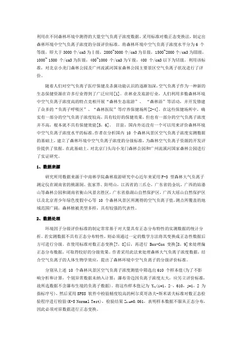 森林环境中空气负离子浓度分级标准