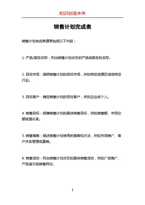 销售计划完成表