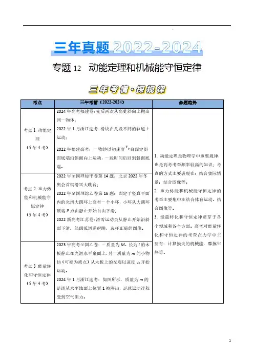 专题12动能定理和机械能守恒定律-【好题汇编】三年(2022-2024)高考物理真题分类汇编(解析)