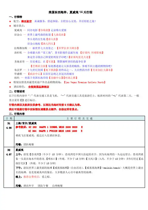 美国东西海岸、夏威夷14天行程