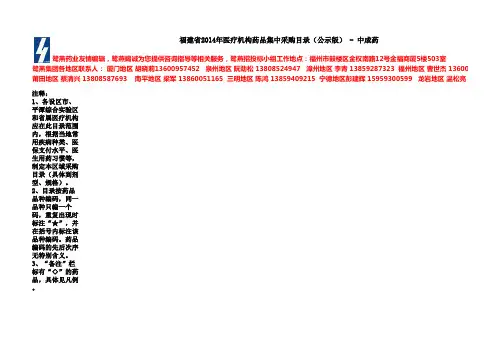福建省2014年医疗机构药品集中采购目录公示版中成药xls