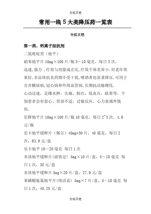 常用一线5大类降压药一览表之令狐文艳创作