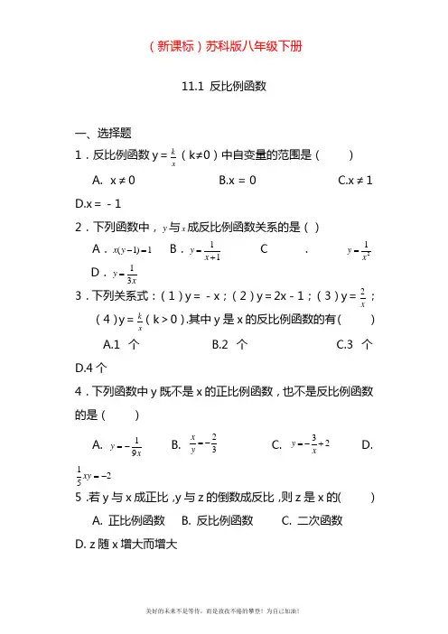 2020—2021年最新苏科版八年级数学下册《反比例函数》同步练习题及答案.docx