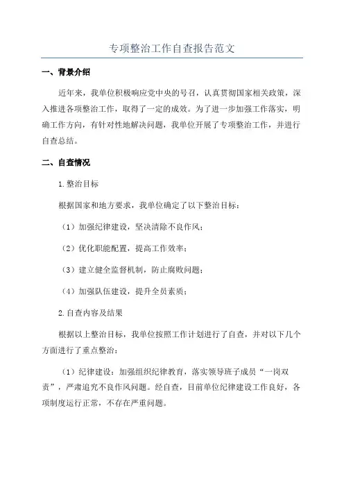 专项整治工作自查报告范文